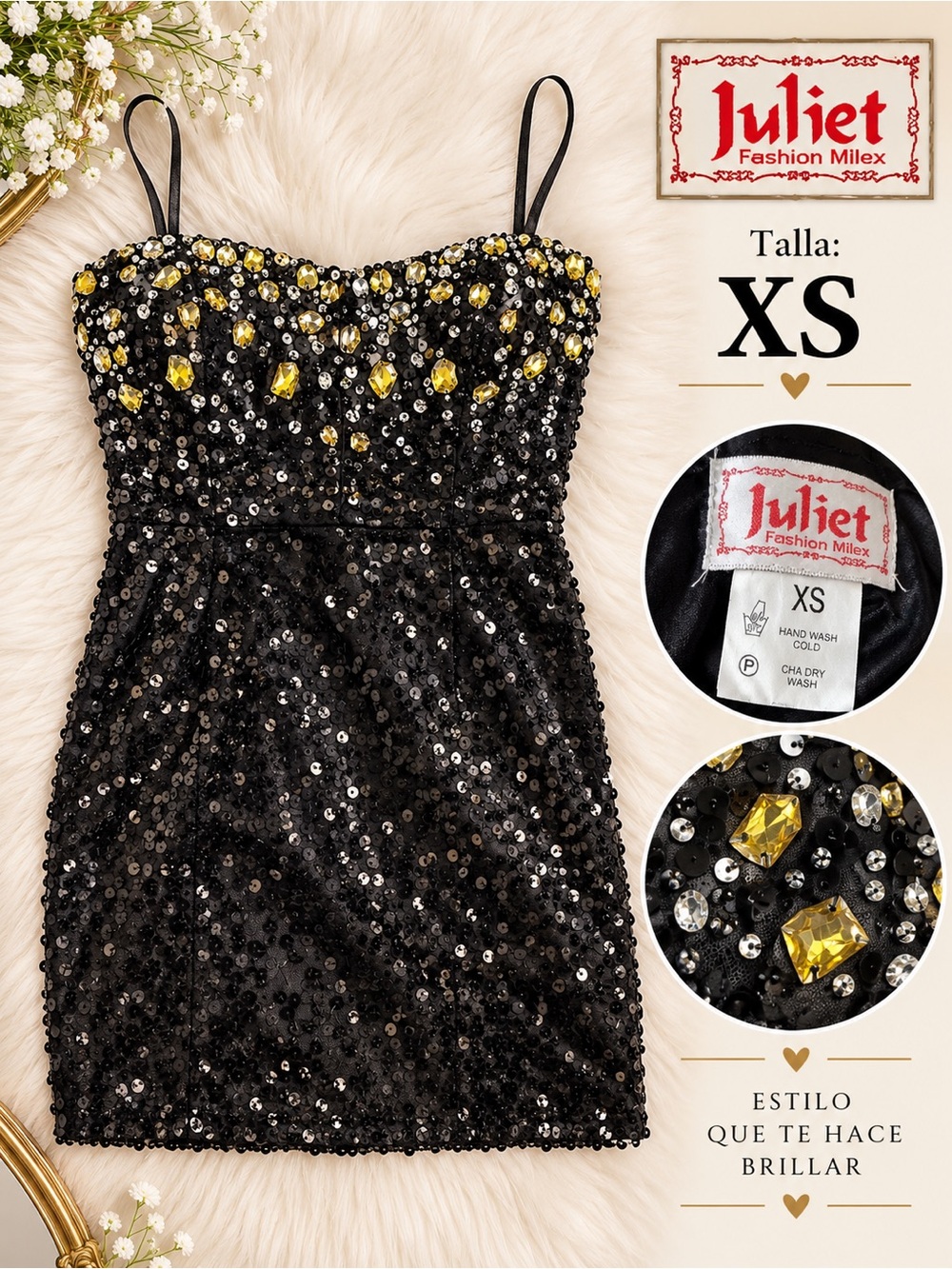 Juliet Black Sequin Mini Dress with Yellow Gem Accents
